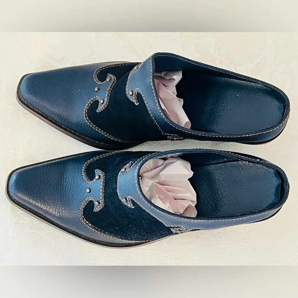Women’s Retro Style Blue Suede And Leather Western Mules With 3” Heel Size 7 - Picture 5 of 11